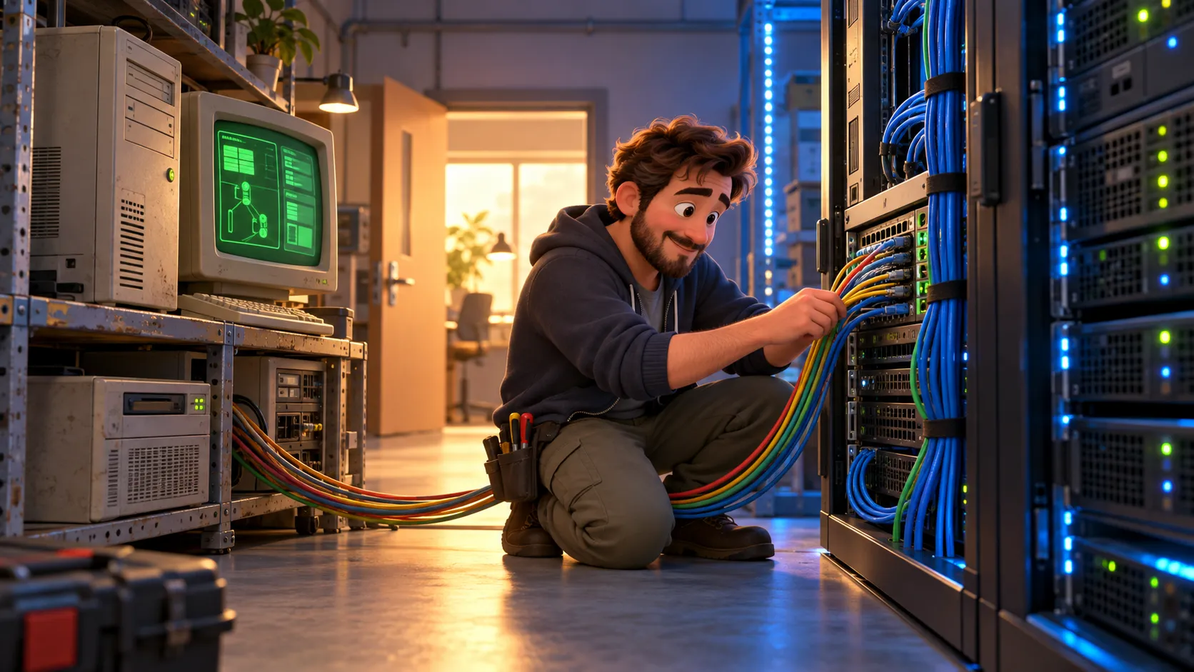 IT správce klečí v serverovně a propojuje svazek barevných kabelů ze starého béžového počítače se zeleným monitorem do moderního serverového racku.