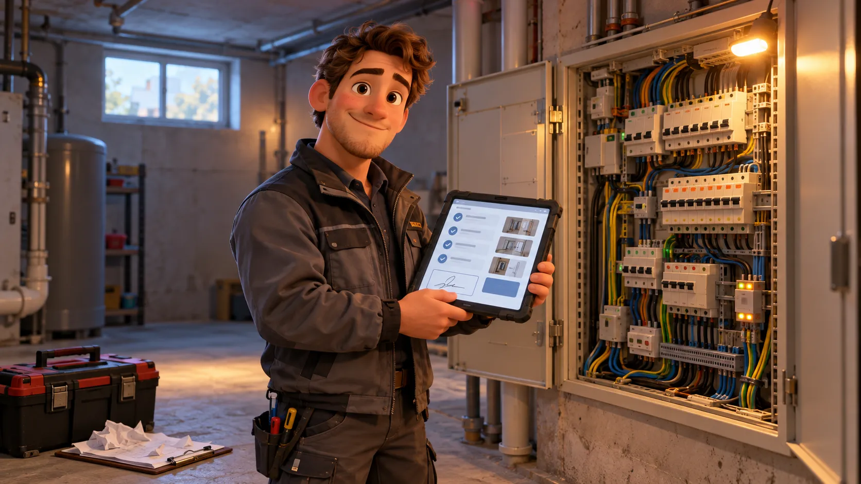 Servisní technik v suterénu stojí u otevřeného elektrického rozvaděče a s úsměvem ukazuje tablet v odolném krytu s odškrtaným protokolem, fotkami a podpisem zákazníka. Na zemi leží kufr s nářadím a pomačkané papírové formuláře.